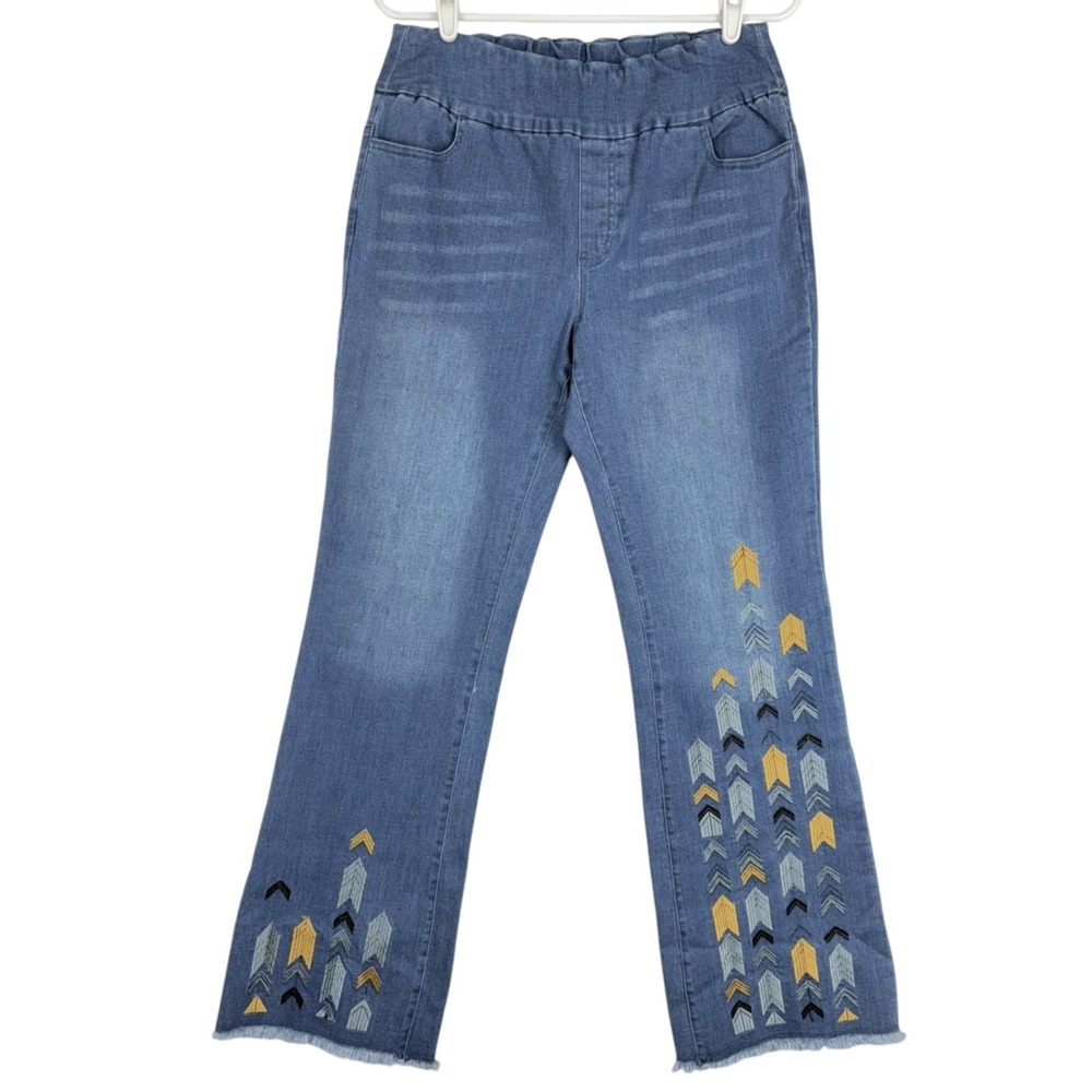 Back In The Saddle Women's Jeans Sz Small Pull-on Stretch Flare Embroidered Blue